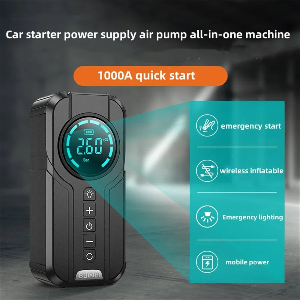 Car Jump Starter Air Pump Power Bank Lighting Portable Air Compressor 4 in 1 Cars Battery Starters Starting Auto Tyre Inflator
