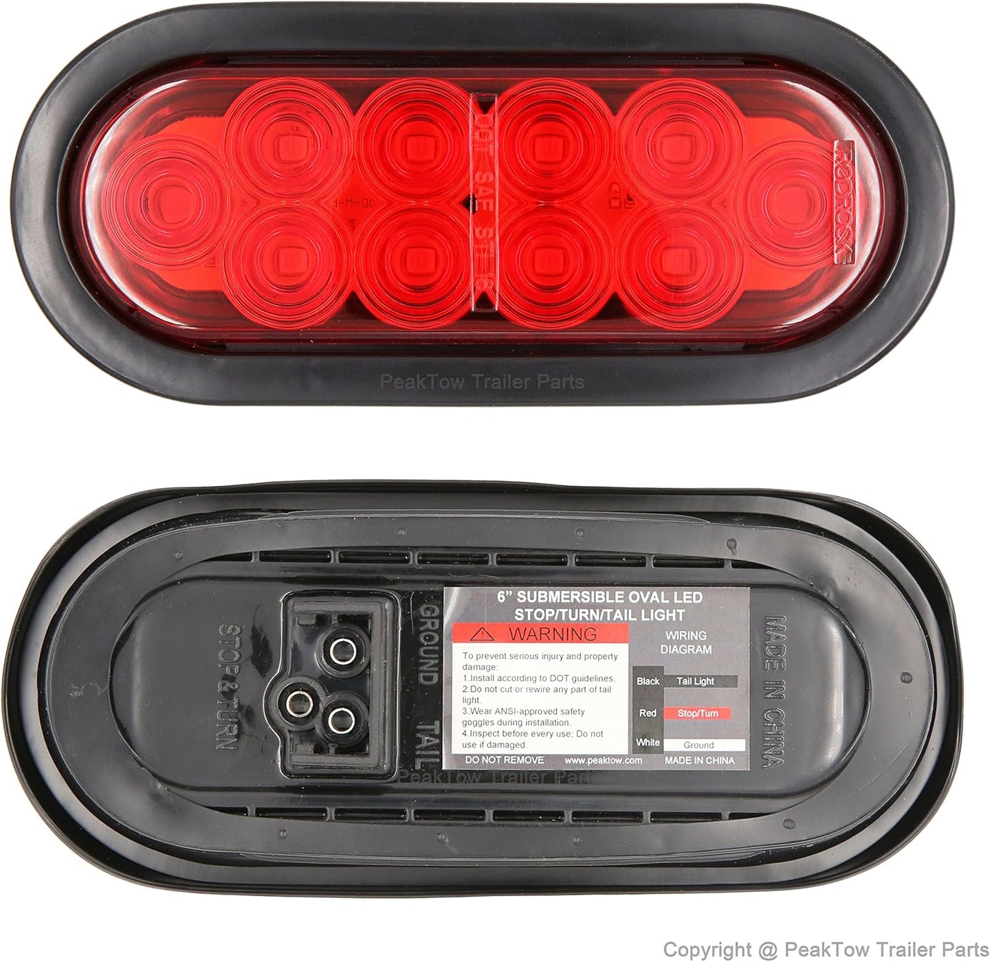 Oval 6 Inches Red LED Submersible Stop/Turn/Tail/Reverse Trailer Truck RV Lights Including Grommets and Plugs Pack of 2