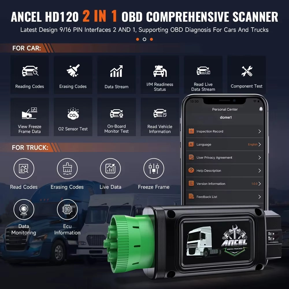 HD120 Bluetooth Heavy Duty Truck Scanner All System D.P.F Regen Diesel Truck Scan Diagnostic Tool for Volvo International