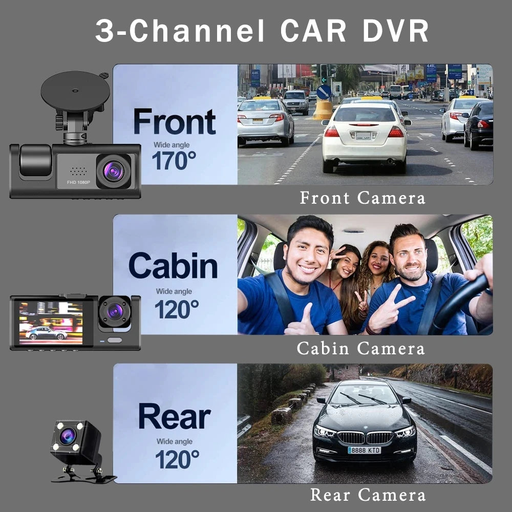 3 Channel Car DVR HD 1080P 3-Lens inside Semi Dash Cam